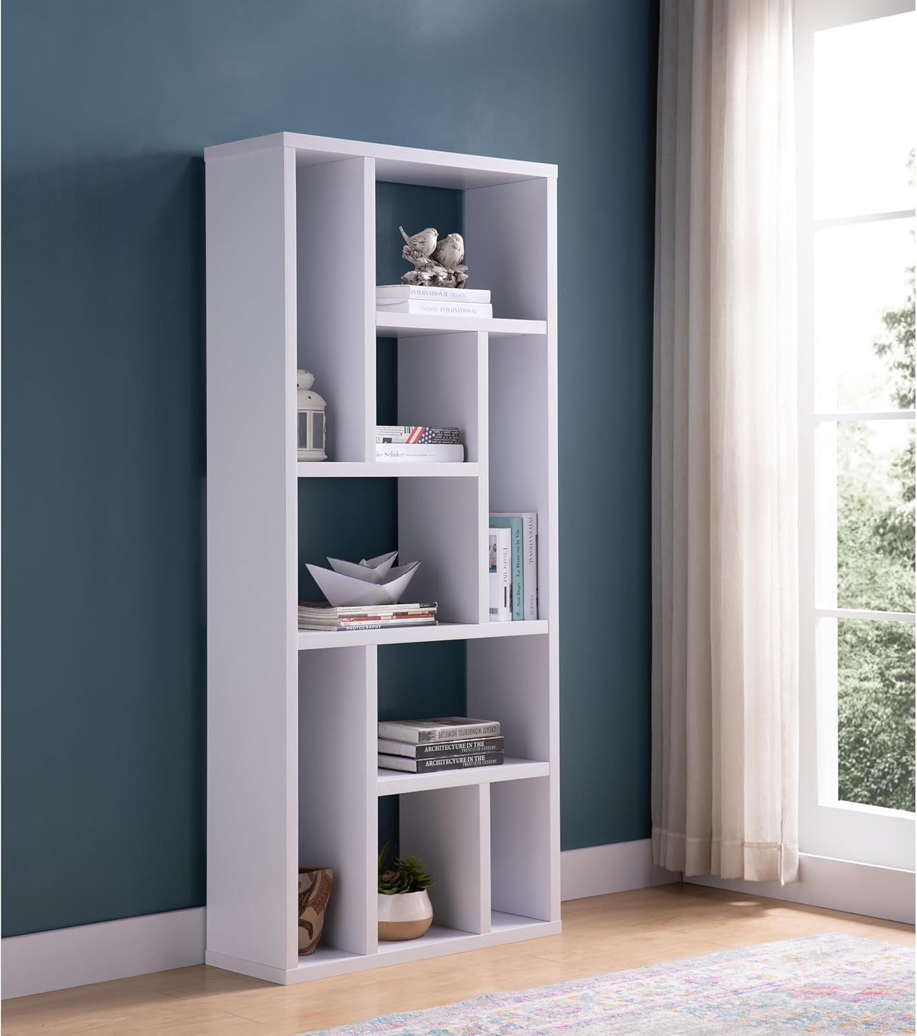 Benicabaly Contemporary Bookcase for Stylish Organization, Nine Multi-Level Shelves, for Living Room or Entryway Decor