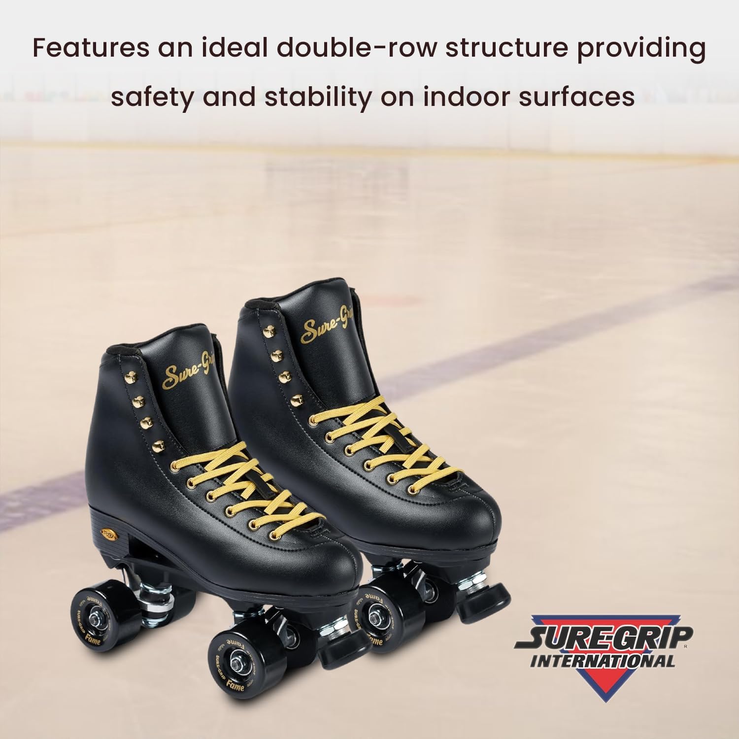 Sure-Grip Fame Black & Gold Unisex Indoor Roller Skates - Vegan Boot with Microfiber Lining - Offers Rock Nylon Plate & Aluminum Trucks - Matching 57mm Fame Black Indoor Wheels - Ideal for Beginners