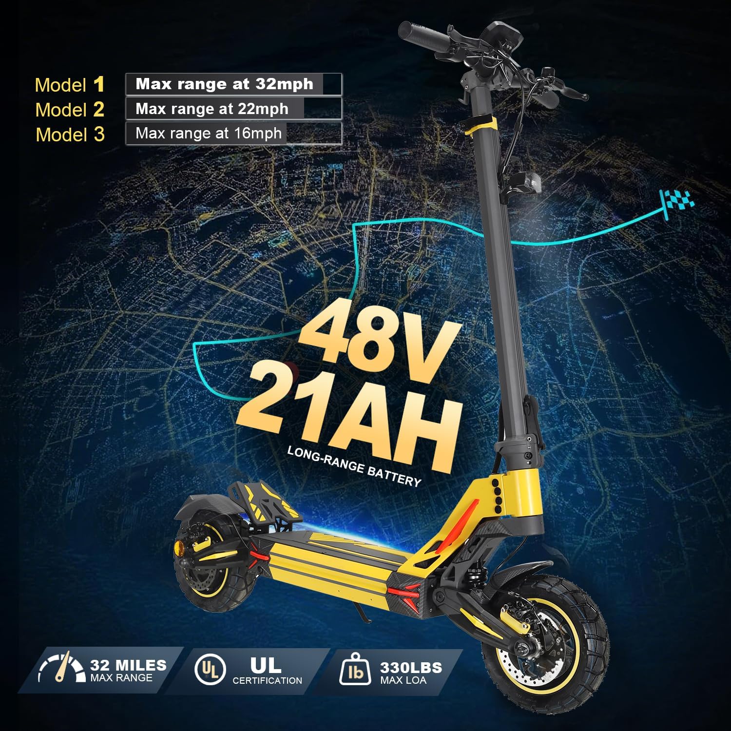 1600W High-Power Electric Scooter for Adults, 48V21AH Lithium Battery, Up to 36MPH, 32-35 Miles Range, Dual Suspension, Dual Brakes, 3 Speed Modes, LCD Display – Off-Road Folding E Scooter