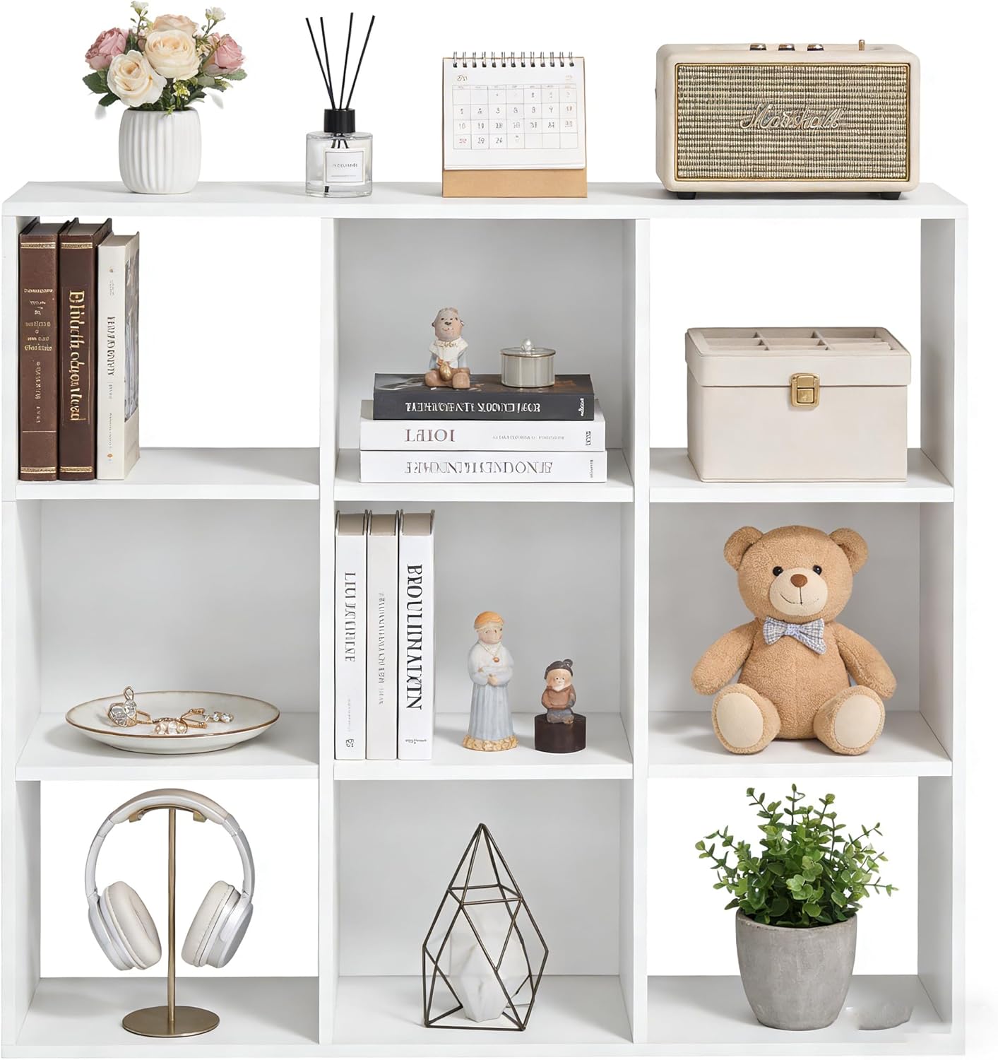 Aidoly Cube Storage Shelf - Modular Organizer Bookcase with 9 Compartments for Living Room, Office & Bedroom, White