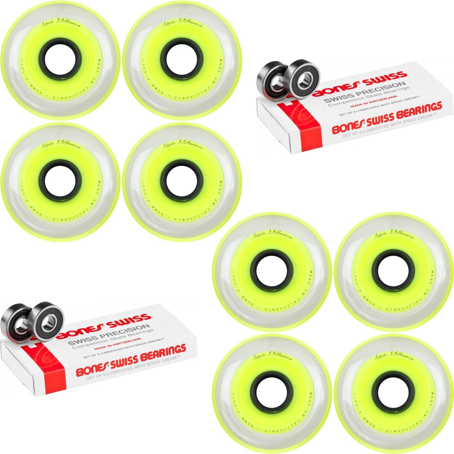 Labeda Millennium Gripper Yellow Hockey Inline Wheels 80mm X-Soft 8 Pack Swiss