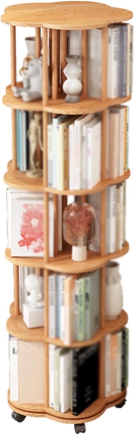 Rotating Bookshelf Tower on Wheels, Revolving Bookcase 4/5 Tier for Small Space Designed for Adults, Mobile Tall Bookcase Modern Special Bookshelf Tower for Bedroom ( Color : Primary , Size : 5 tier )