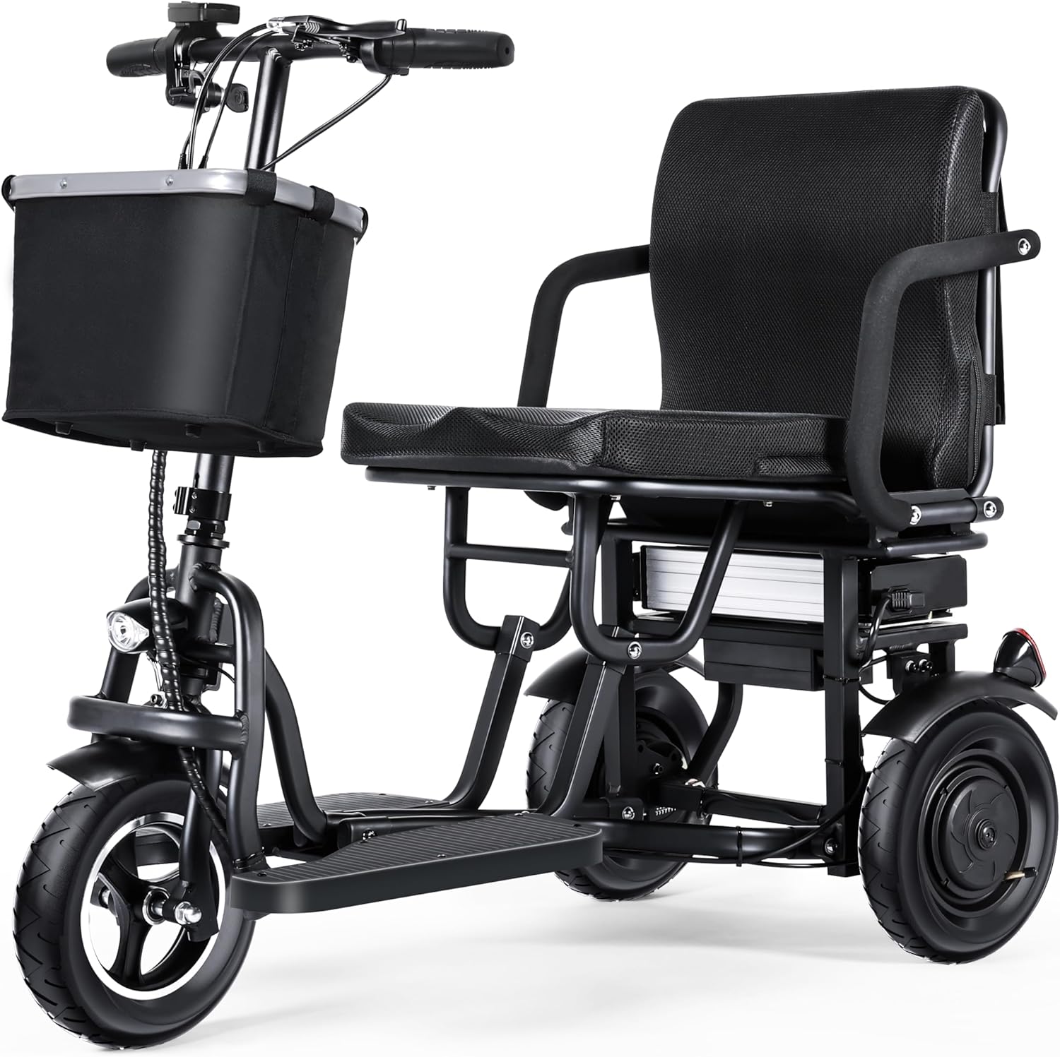TopMate ES11 3 Wheel Electric Scooter Lightweight Folding Dual Motor Powered Mobility Scooter for Adult Seniors with Ergonomic Seat and Removable Battery, 3+1 Speed, E-Trike with Basket - Black