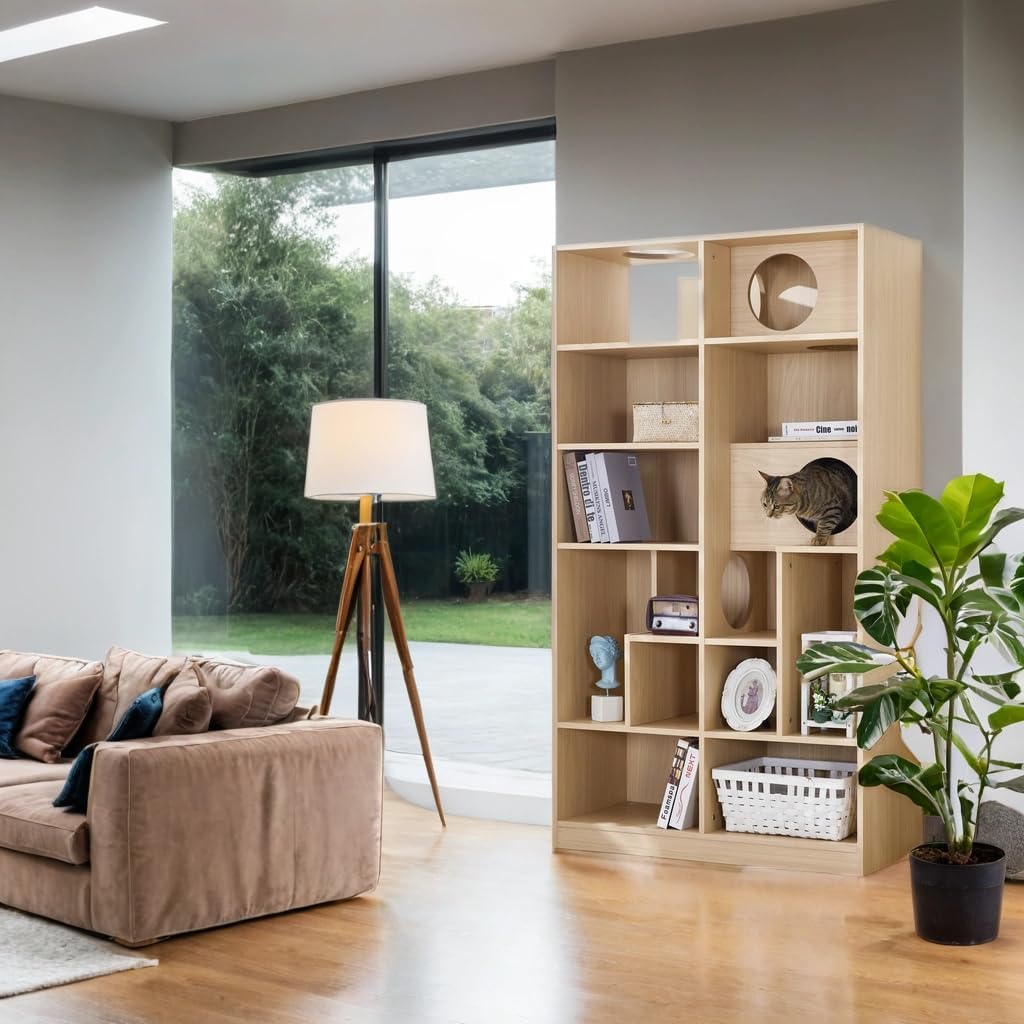 agnixnaf Natural Wood Bookshelf with 10 Shelves, 12 Open Storage Spaces, Rectangular Bookcase, Farmhouse, for Office, Bedroom, Living Room, Study Room