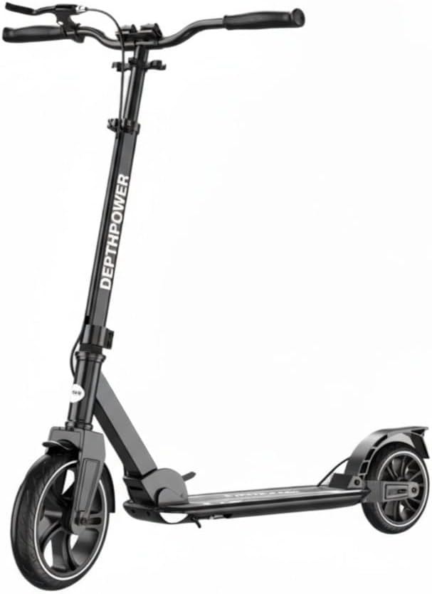 Big Wheels Kick Scooter, Folding Scooter for Ages 6, Lightweight Foldable Design, Adjustable Handlebars, Shock Absorption (Black, L105xW14.5cm, H:86-113cm)