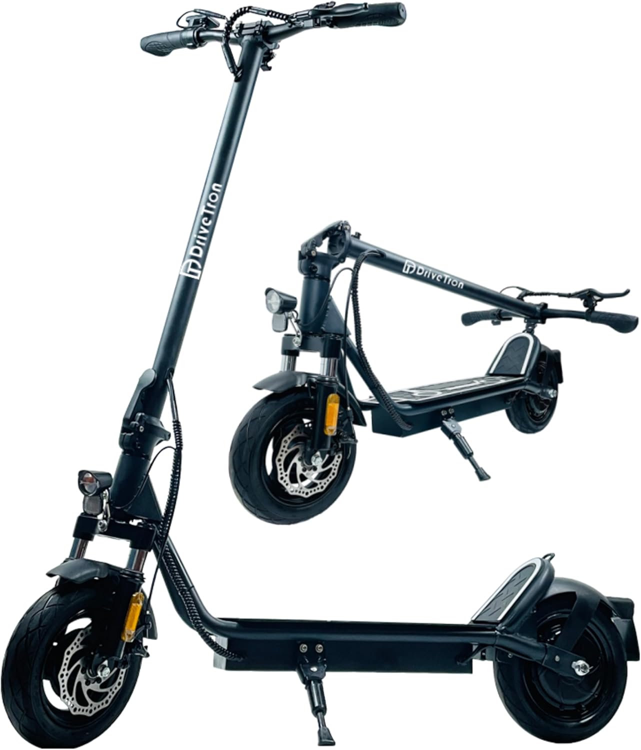 Electric Scooter, Black Metal Foldable Urban Commuter with LED Headlight, 10-Inch Wheels, Disc Brakes, Spring Suspension for Adult Short Distance Travel, 42-Inch Height