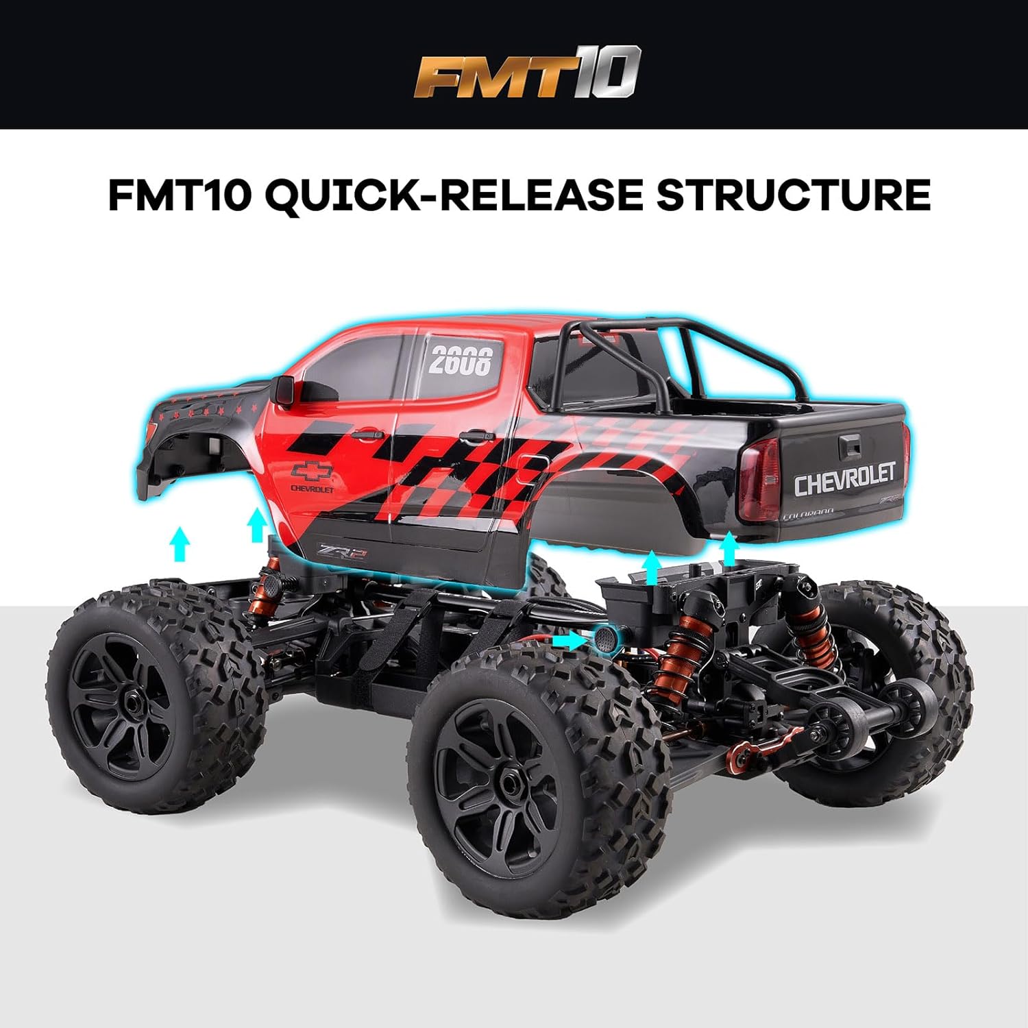 EAZYRC FMS FMT10 Chevrolet Colorado 1/10 RC Truck – Officially Licensed, 4WD Brushless Off-Road Monster Truck, FMT10 Chassis, 50MPH High-Speed All-Terrain RC Car, 4074 2000KV Motor, 120A ESC