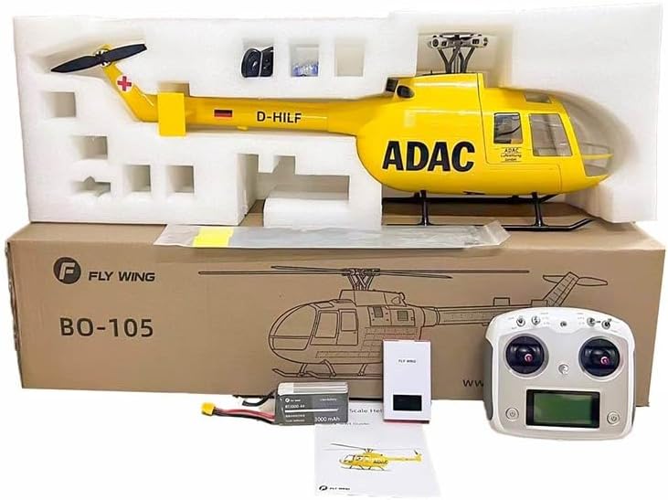 FlyWing BO-105 Scale Four Blade Metal Rotor Head & 10CH Transmitter - Remote Control Helicopter, GPS & 3D Mode Outdoor RC Helicopter RTF for Adult, Beginners (Yellow (BO105-RTF-Y))