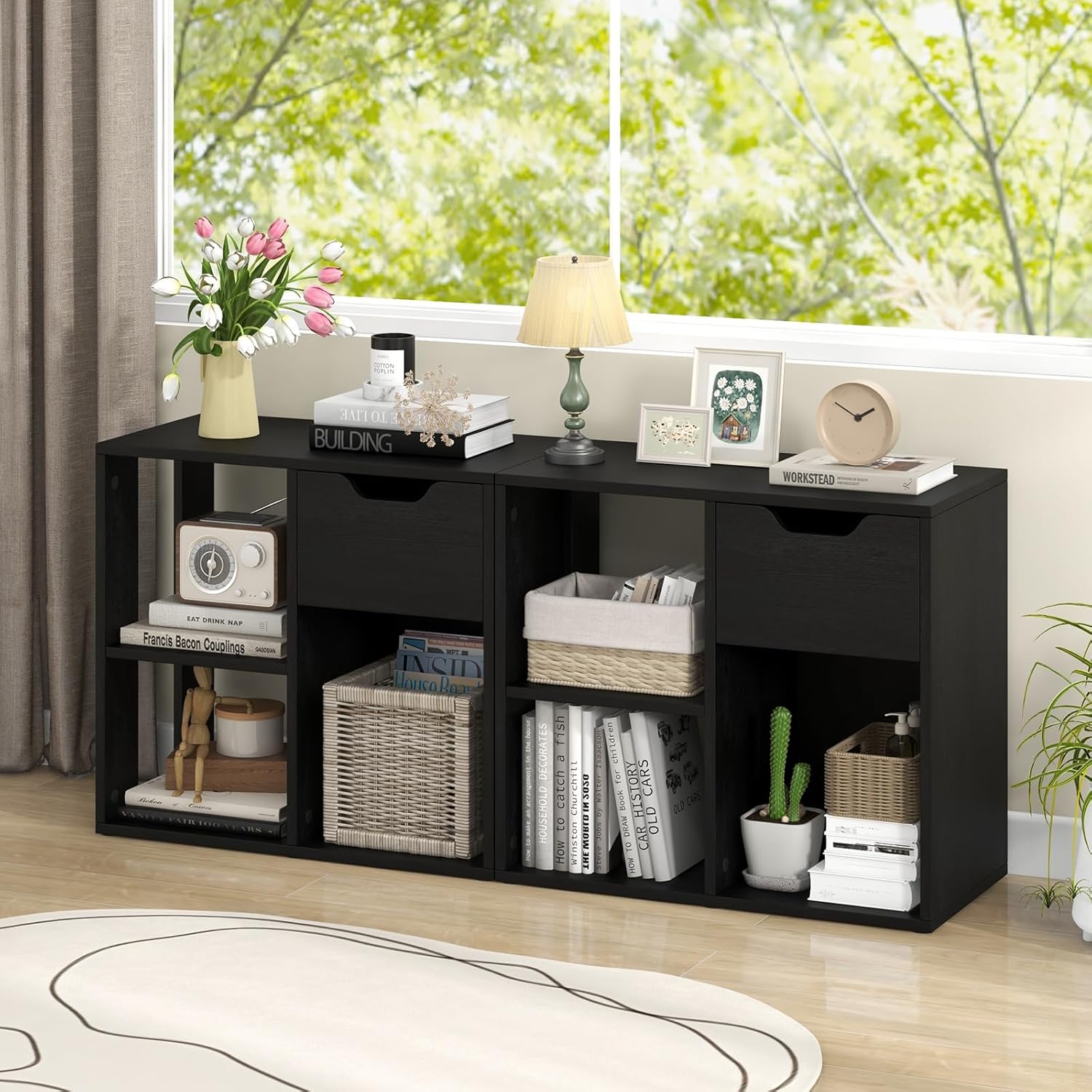 SILKYDRY Cube Bookcase, Small Bookshelf with Drawer, 2-Tier Open Shelves, Modern Display Shelf, 21