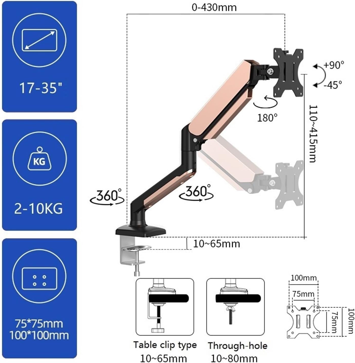 17-35 inch desktop monitor stand gas spring full motion stand LCD LED TV stand computer stand M1(M1B Black pink)