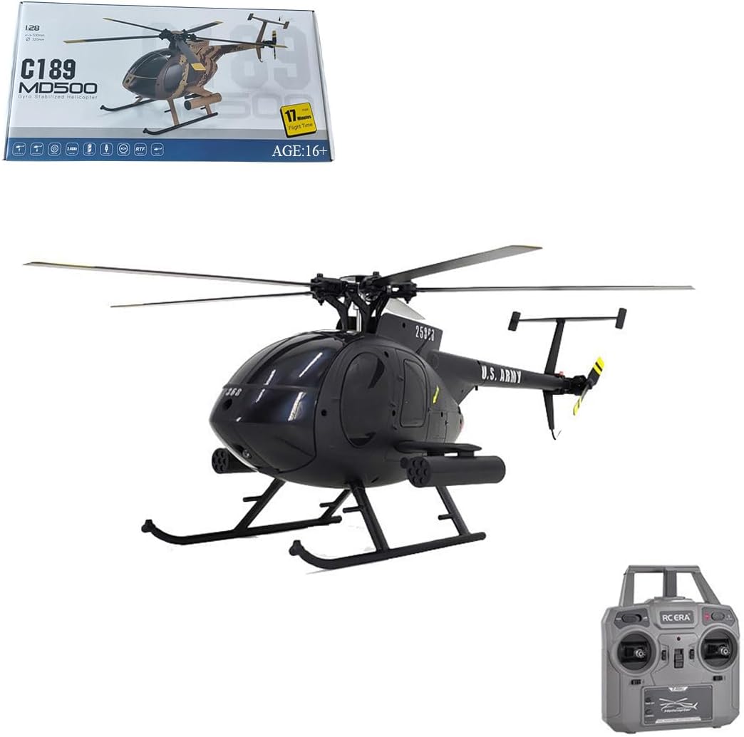 C189 Remote Control Helicopter, MD500 RC Helicopter Model, 1/28 Scale 4CH Single-Rotor Helicopter with 6-Axis Gyro and Brushless Motor, 2.4GHz RC Aircraft for Adults (Black(1Battery)