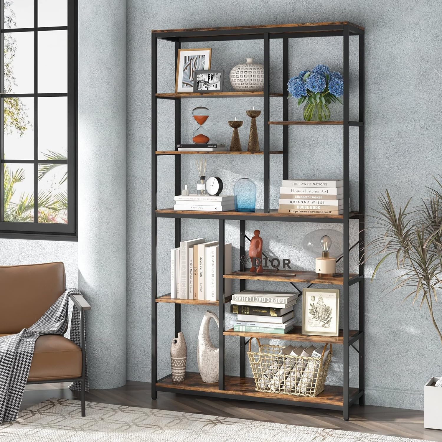 Staggered Bookcase Modern Open Book Shelves Wide Wood Shelving Unit Display Storage Shelf for Living Room Black Brown Rustic MDF Finish Includes Hardware
