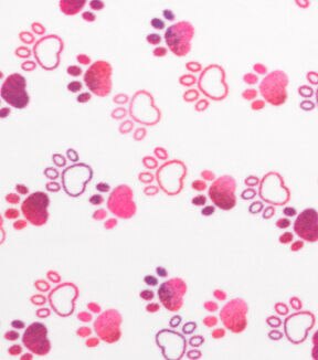 Pink Paw Prints on White Anti Pill Fleece Fabric