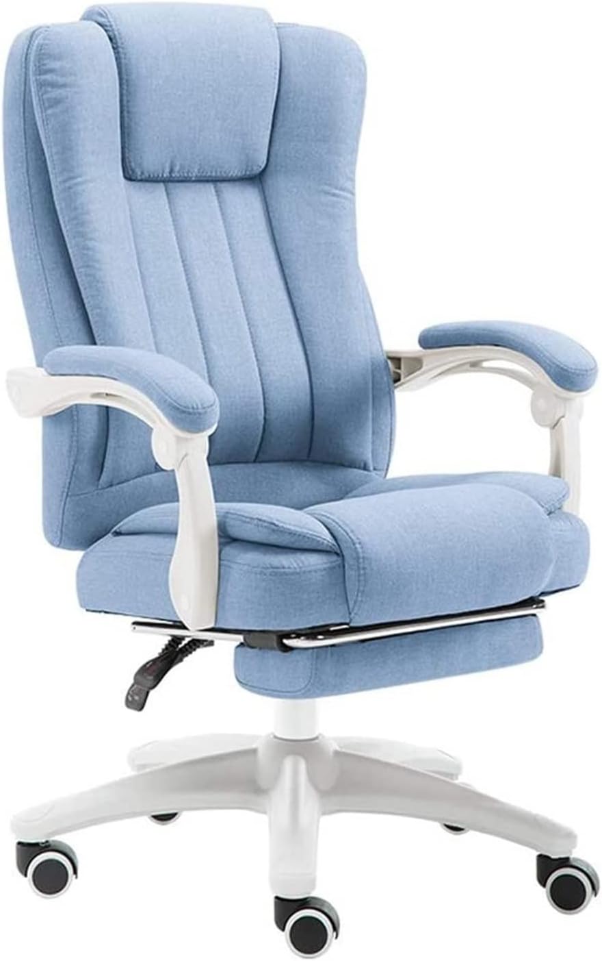 Ergonomic Reclinging Office, High Back Fabric Home Office Desk s with Foot Rest Armrest, Adjustable Swivel Computer, Blue fied