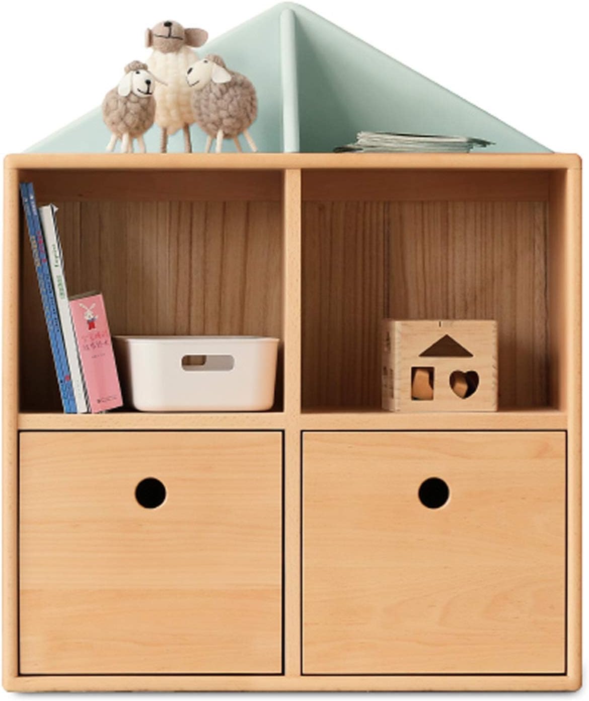 QTBH Bookshelf Kids Bookshelf with 2 Cabinet Wooden Bookcase 3 Tier Book Organizer Wood Toy Storage Organizer for Nursery, Living Room, Home Bookcase Bookcase freestanding (Color : Blue roof)