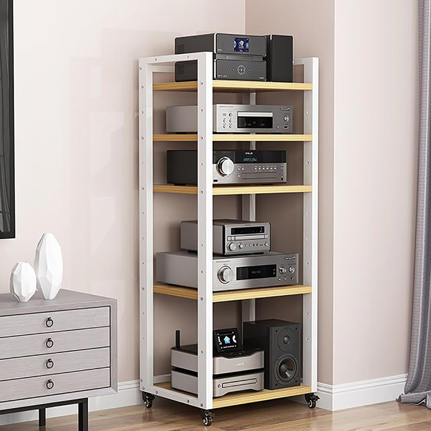 FZYUAN Stereo Stand Audio Rack Audio-Video Shelving Record Player Stand AV Media Stand Stereo Cabinet with Wheels