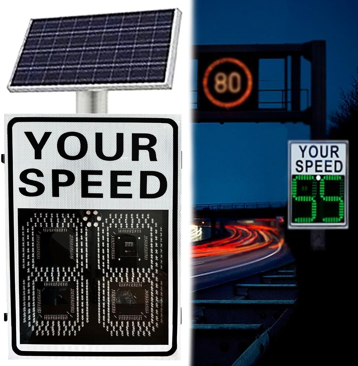 Large Aluminum Reflective Speed LED Display, Upgraded Solar Radar Limit Sign, Suitable for Street/Road Metal Warning Signs(60 * 90cm)