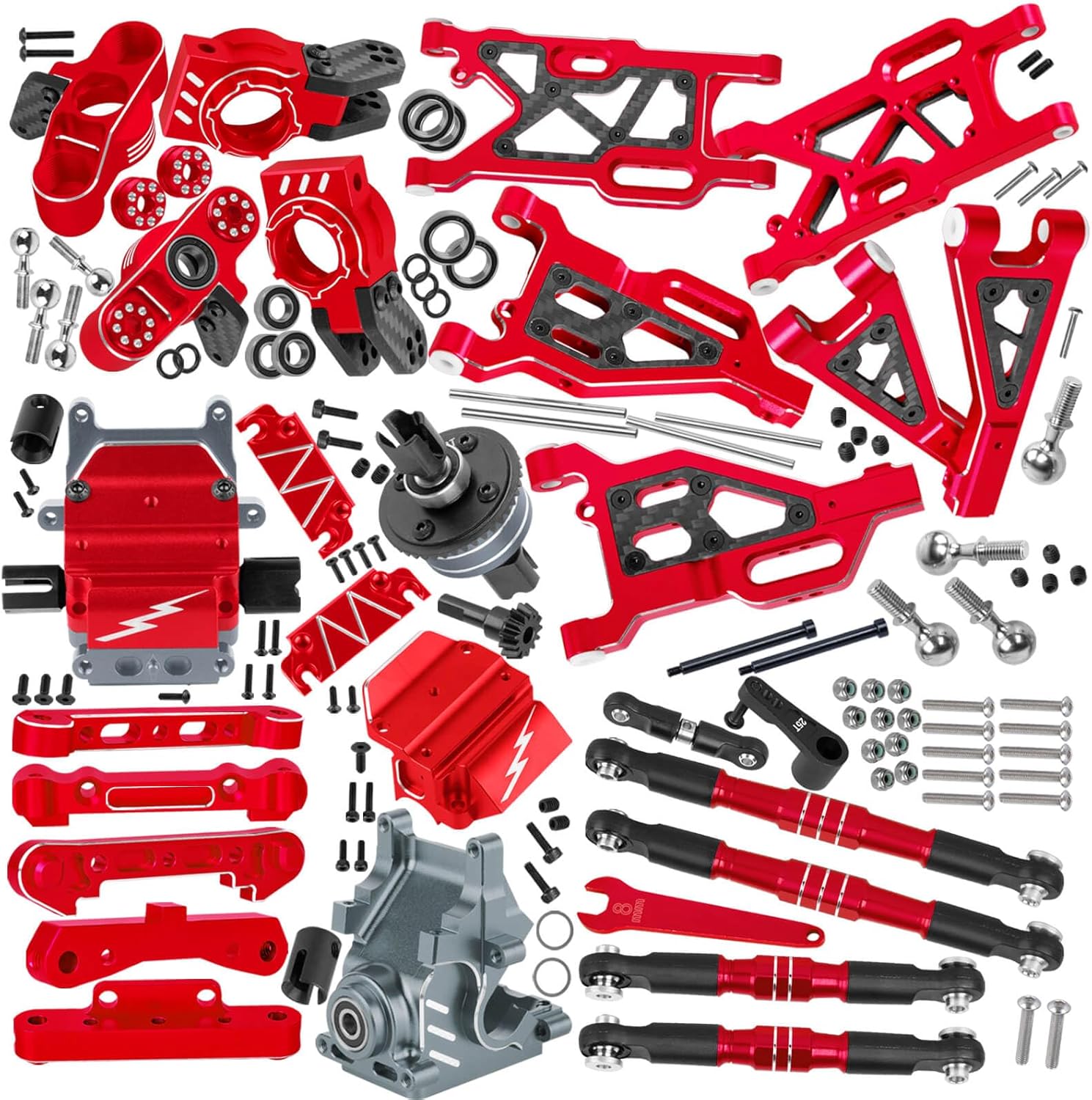RC Suspension A Arms&Steering Blocks Axle Carriers&Gearbox Case w/43T/13T Diff Gear Mount&Camber Links Upgrades Part for 1/8 Typhon 6s BLX,1/7 Felony Infraction 6S BLX Limitless,Red