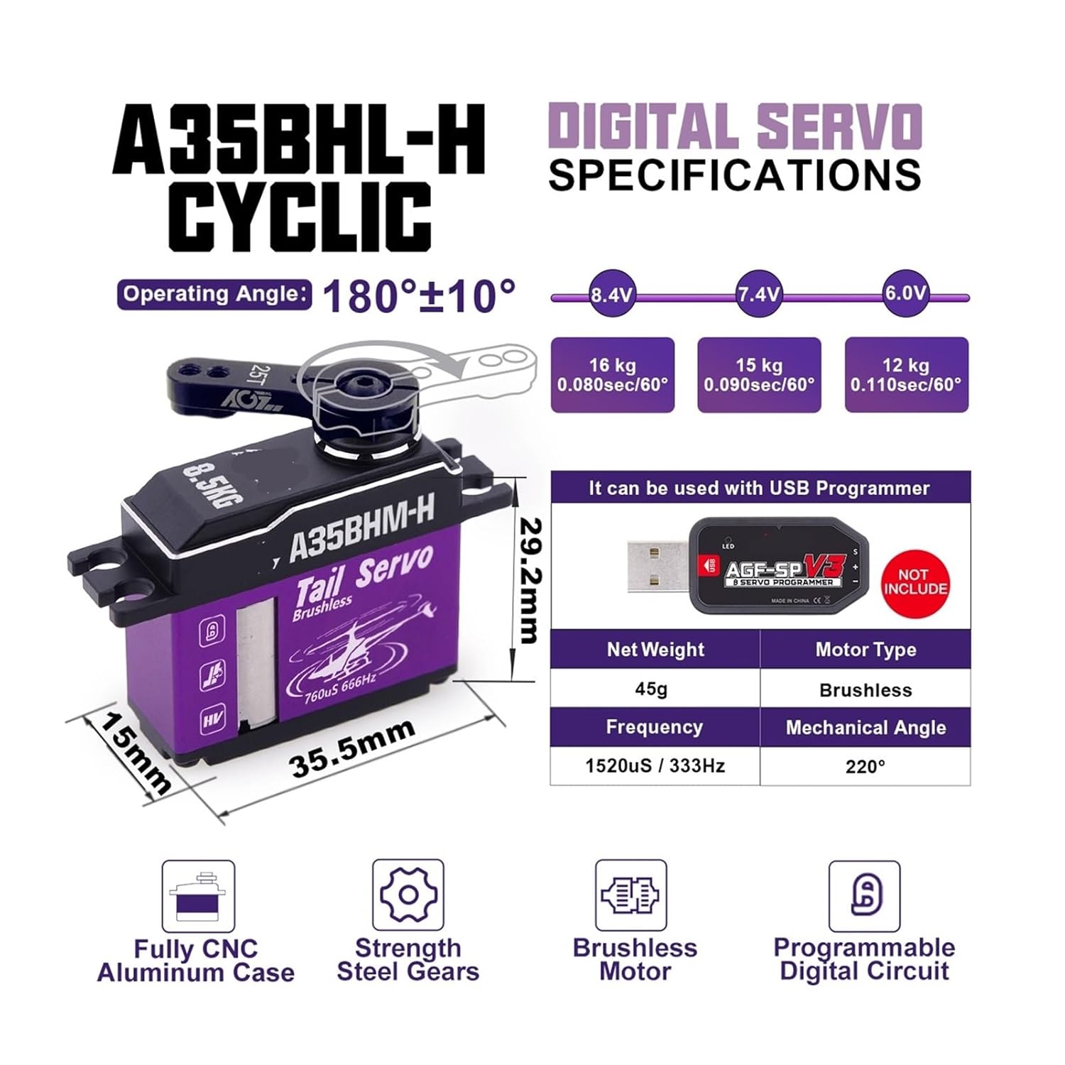 Programmable A35BHL-H A35BHM-H 16KG 18.5KG Fast High Voltage Brushless Servo Motor Suitable for 380-500 Size(Combo Set4)