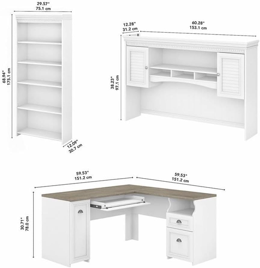 Pemberly Row L Desk with Hutch and Bookcase in White and Gray - Engineered Wood
