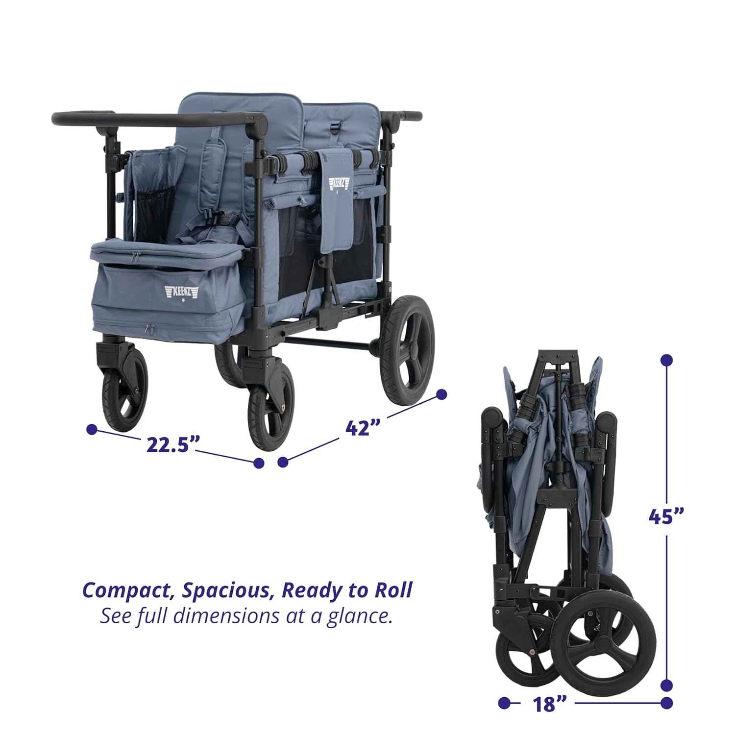 Keenz MOOV 2-Passenger All-Terrain Stroller Wagon with Reclining Seats, Cooler Bin, Push/Pull Handle, and Rubber Wheels – Foldable Wagon for Kids and Toddlers,Blue