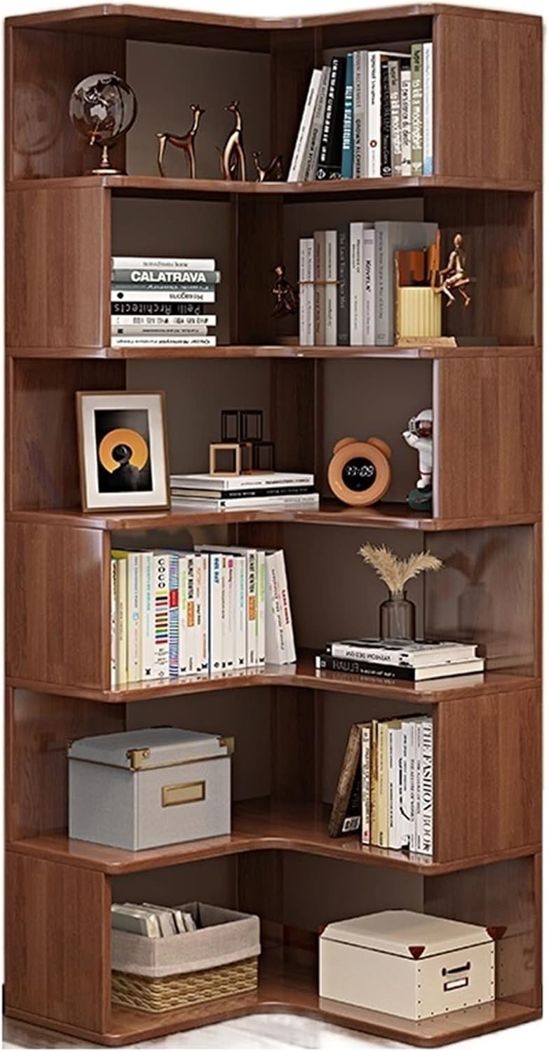 KIRANDY Solid Wood Corner Bookcase, Simple Multi-Layer Storage Rack Bookshelf for Living Room, Bedroom (Color : Walnut Color 58x58x190cm)