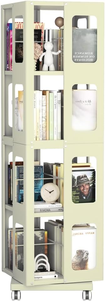 LICOME 4-Tier Bookshelf Bookcase with Wheel, Metal Shelving Unit, White Bookshelf with Wheels, Modern Book Shelves for Home Office (Yellow + Steel)