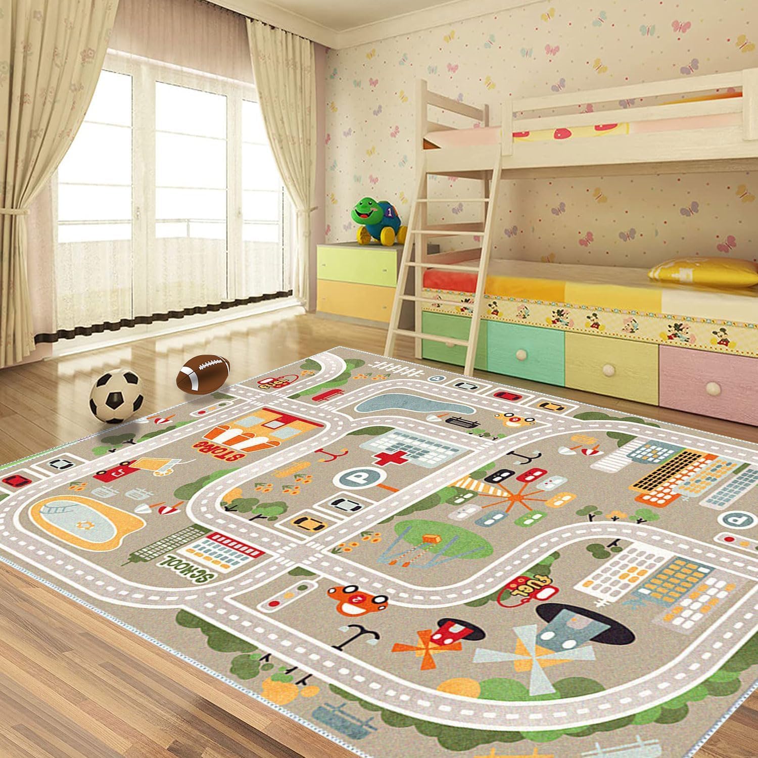 Kids Playroom Rug City Life Play Mat for Toy Cars and Trains, Play Area Rug with Rubber Backing Non-Slip Carpet, Kids Race Track Rug for Playing and Learning (9'10