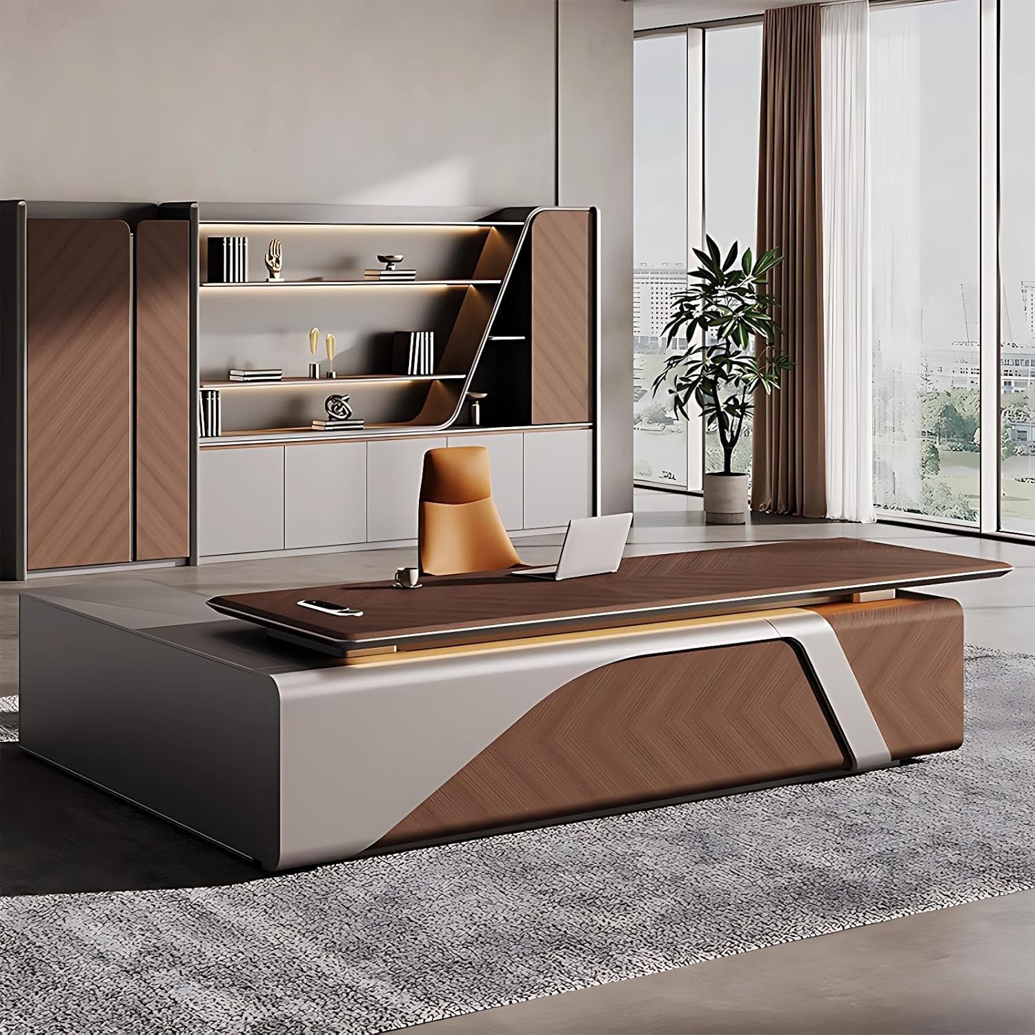 L Shaped Executive Desk - Modern Office Desk with Desktop Power Supply and Hidden Electrical Hole, Solid Wood Office Table with 4 Drawers (94.5IN)