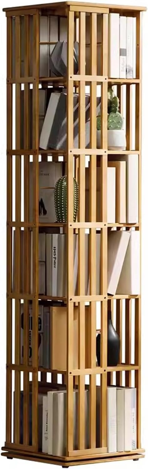 360 Rotating Bookshelf Bamboo Rotating Storage Rack, Compact Office Book Organizer Corner Display Rack for Library Standing Shelves with Open Shelving, 6-Tier Floor Standing Bookcase ( Color : Light W