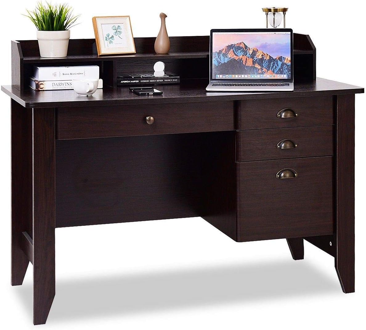 Tangkula Computer Desk with 4 Storage Drawers & Hutch, Home Office Desk Vintage Desk with Storage Shelves, Wooden Executive Desk Writing Study Desk (Brown)