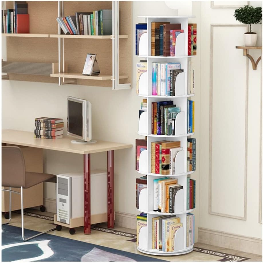 360 Degree Rotation Round Bookshelf, White Floor Standing Wooden Bookcase, Book CD Frame Display Shelf (Size : 6 Tier)