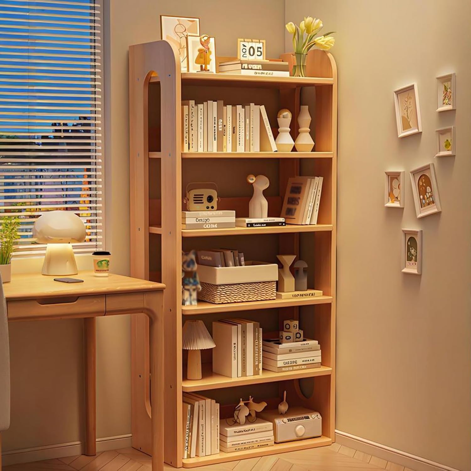 HKJBEQU Five-Tier Open Bookcases, Wooden Bookshelf, for Living Rooms, Bedrooms, and Home Offices, Freestanding Shelving Unit, Natural Wood Color Solid Wood 6-Layer26.7×10.2×62.9in