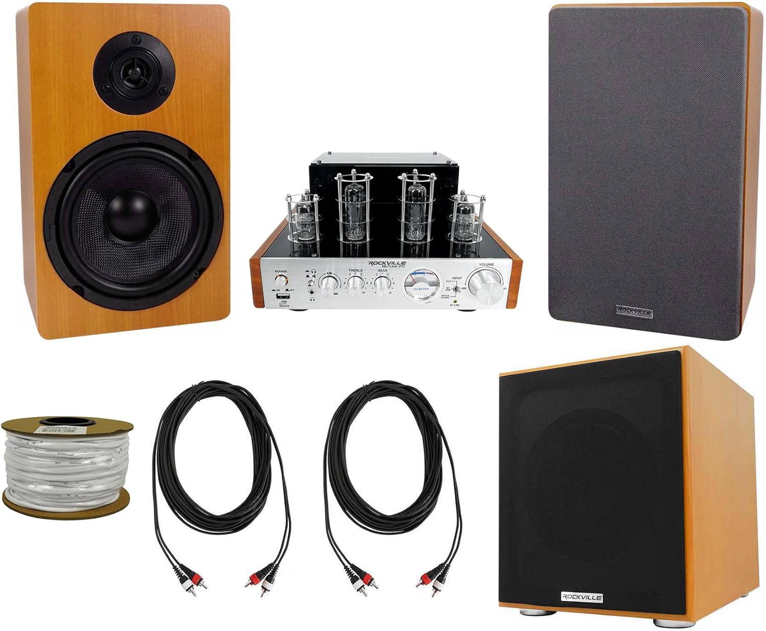 Rockville BluTube Bluetooth Tube Amplifier+6.5 inches Wood Bookshelf Speakers+8 inches Sub