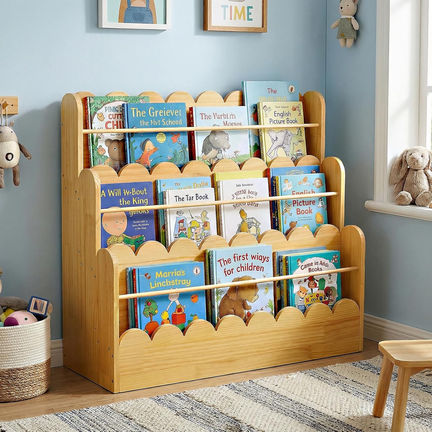 Amdermi Scalloped Design | 3-Tier Montessori Solid Wood Kids Bookcase | 29.6