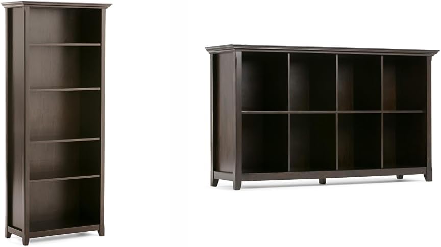 SIMPLIHOME Amherst Solid Wood 30 Inch Transitional 5 Shelf Bookcase in Hickory Brown & Amherst Solid Wood 57 inch Wide Transitional 8 Cube Bookcase Storage Sofa Table in Hickory Brown