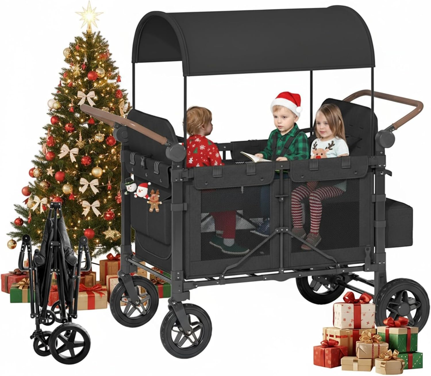 4 Seater Wagon Stroller,Foldable Stroller with Safety Belt, Puncture-Proof Tires, All-Terrain Wagon with 360° Swivel Lockable Wheels, Large Storage Bag, Canopy,22.5 * 35.5 * 42.6in.