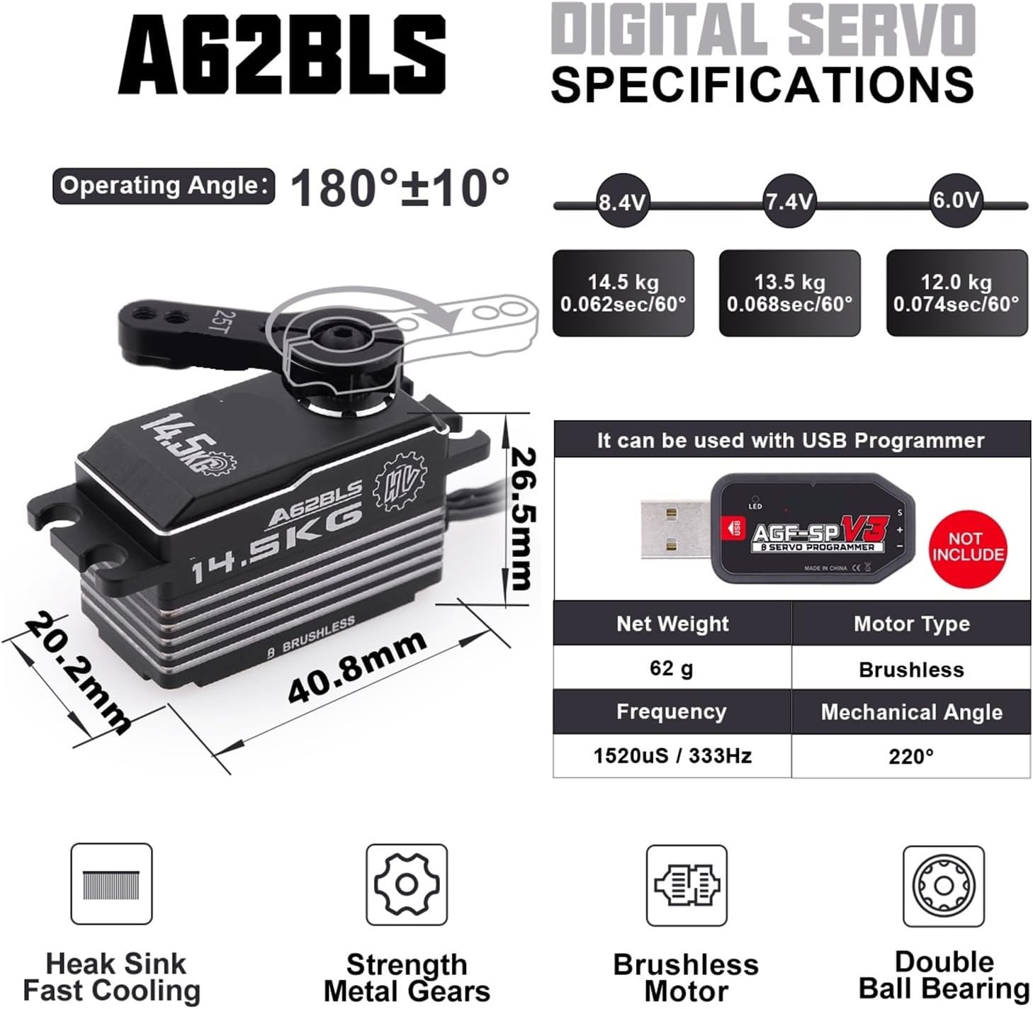 A62BLS Radiator Housing 0.062 sec Ultra High Speed ​​14.5 kg Short Range Programmable Brushless Digital Servo(A62BLS 14.5kg Set)