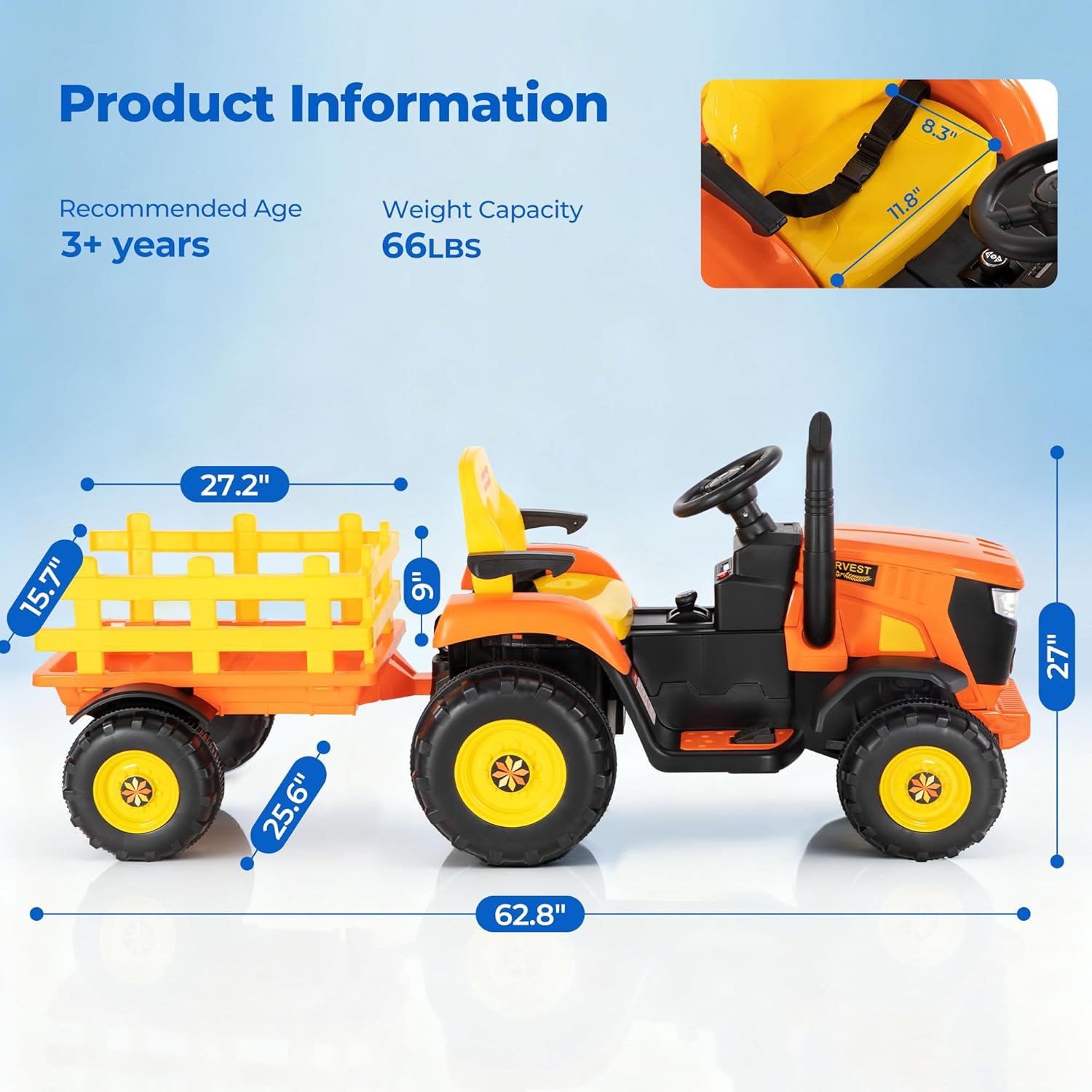 24V XL Ride-On Tractor with Tiltable & Detachable Trailer, 2×80W Motors, Adjustable Handles, EVA Tires, Forward & Reverse, Safety Belt, Remote Control - Farm Harvest Edition