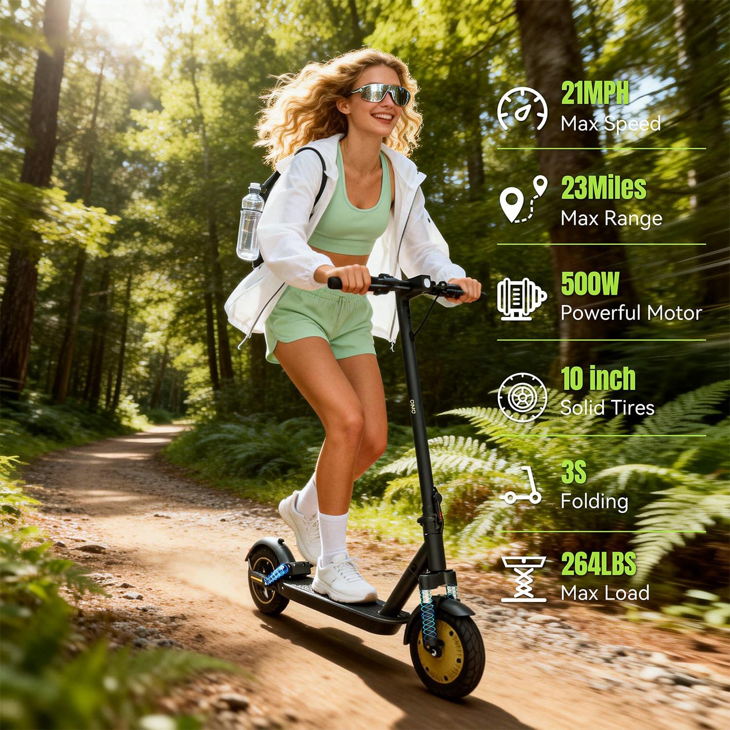 Adult Electric Scooter for Commuting - 500W Motor, 19 Mph Top Speed, 23 Miles Range, 10'' Solid Tires | Dual Brakes, Dual Suspension, APP Control