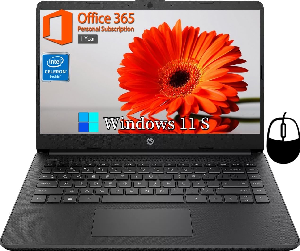 HP 14 inch Laptops, Intel Celeron N4120, 16GB RAM, 384GB Storage(128GB eMMC+256GB Micro SD), with 1-Year Office 365 & Windows 11 S, Long Battery Life, Wi-Fi, MicroSD, HDMI, Black, w/Accessories