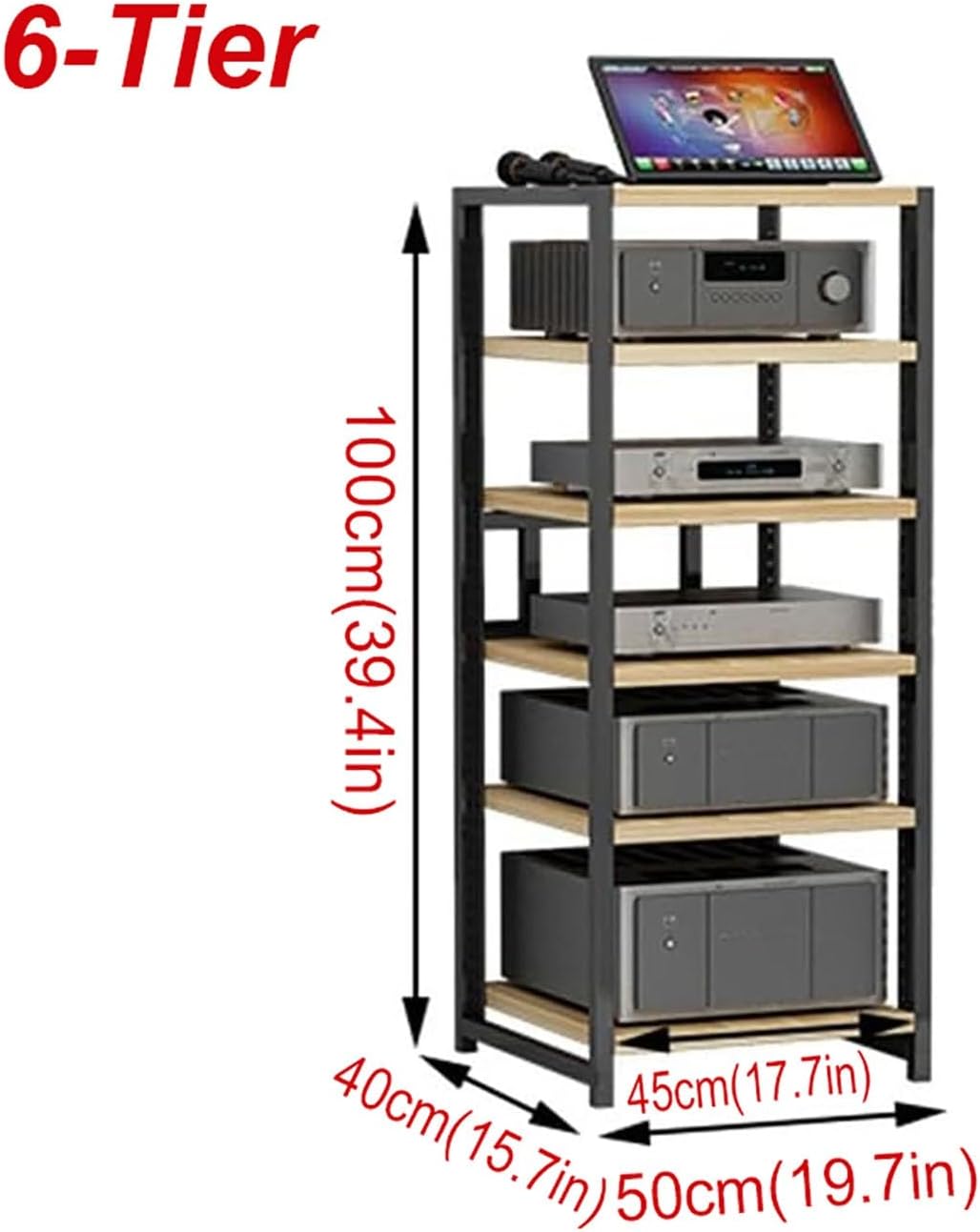 XingLi 6 Tier AV Media Stand CD Player Stand Stereo Rack Corner TV Stand Audio Video Components Cabinet with Height Adjustable Wooden Shelf