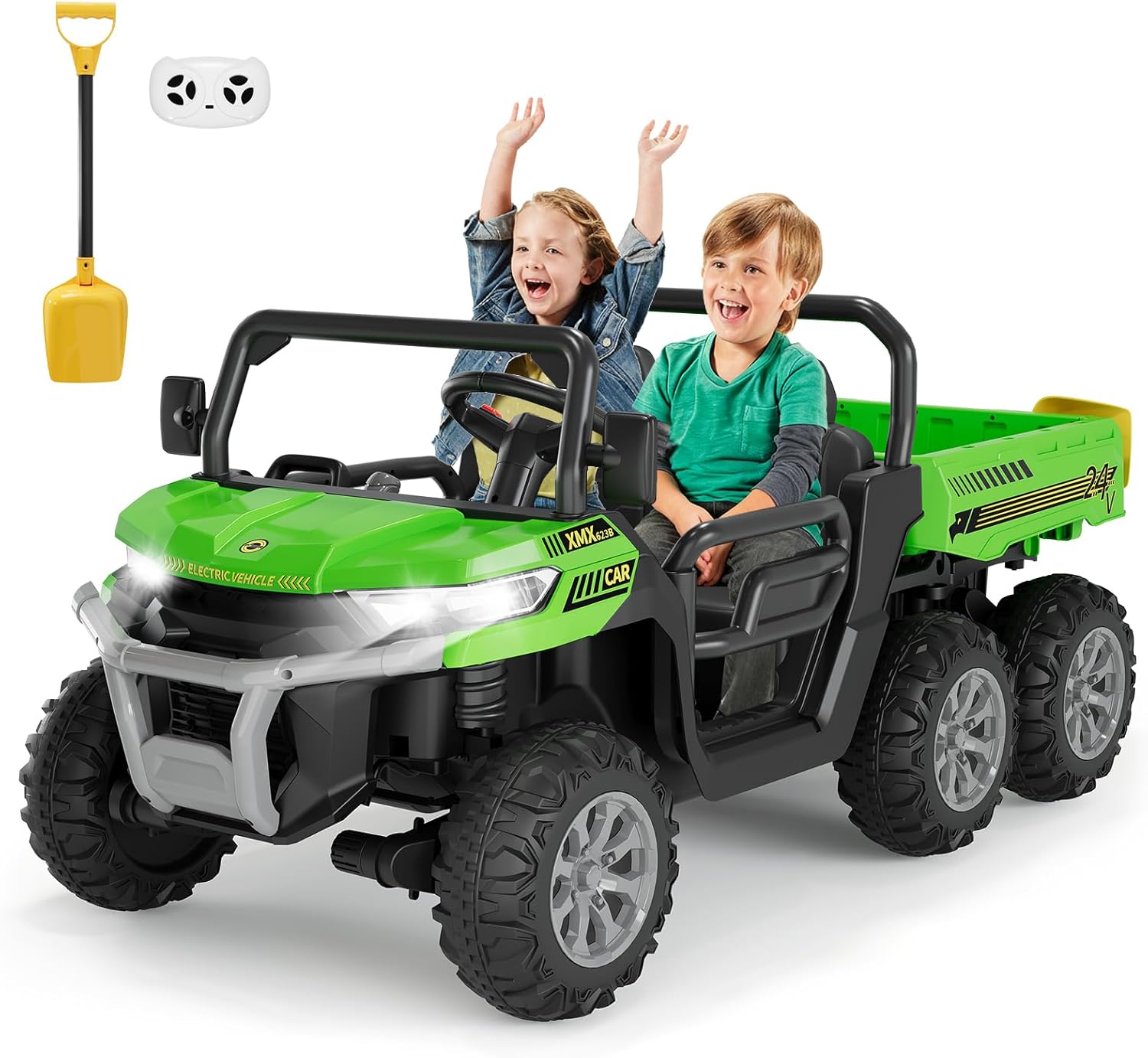 24V Two Seater Ride on Car for Kids, 4WD Electric Dump Truck with Parent Remote Control - 6 Wheel Ride on Toys for Boys & Girls Ages 3-8