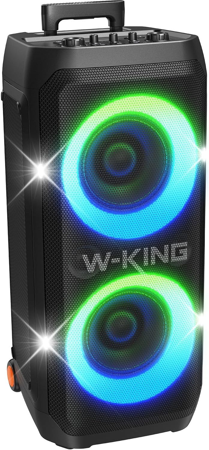 W-KING Portable Speaker Bluetooth Partybox, 370W MAX Pro Sound Loud, Deepest Bass,Large Outdoor Boom Box Wireless, CSB, Telescopic Handle&Sturdy Wheels, 25H, Futuristic Light,MIC&Guitar in
