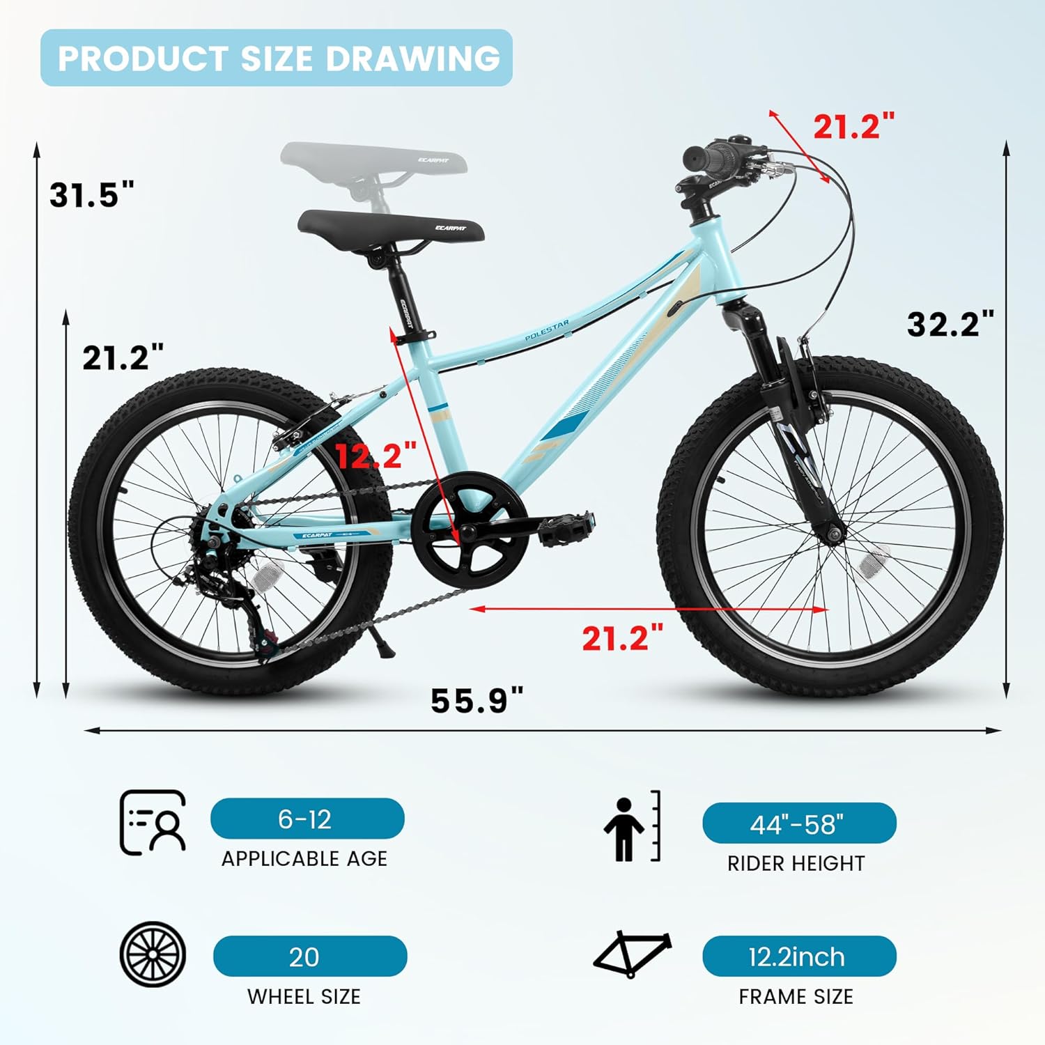 Kids Mountain Bike,20 Inch Children's Bicycle for Ages 6-12 Boys Girls,Bicycle with 7-Speed Drivetrainan and V Brakes,Multiple Colors