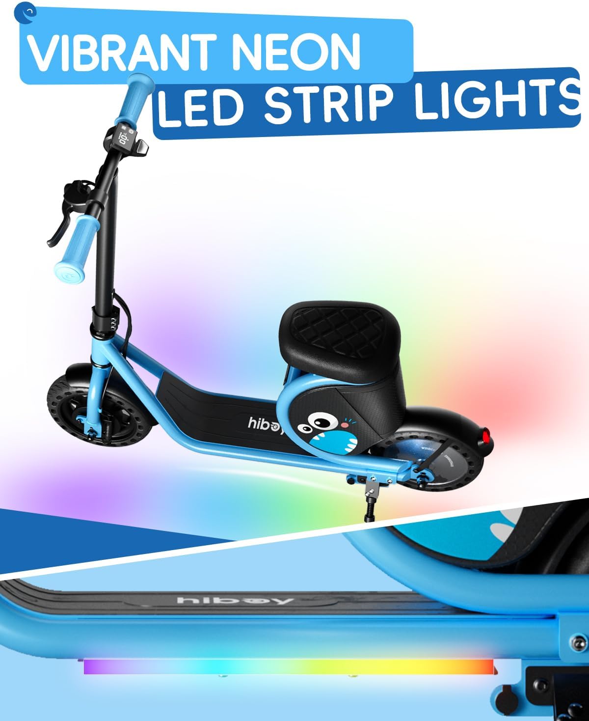 Hiboy JoyHaul Electric Scooter for Kids, Ages 4-10 – LED Neon Lights, 100W Brushless Motor, 56.16Wh Battery, Under-Seat Storage & Safety Brake