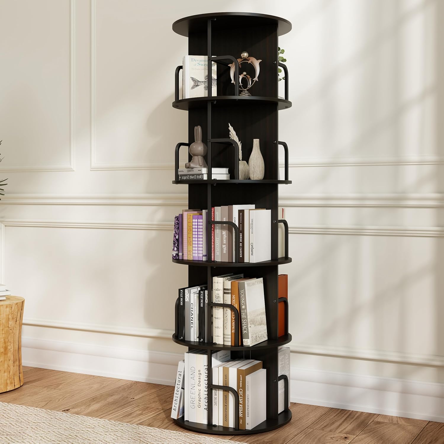 Manora 360° Rotating Spinning Bookshelf Tower, 5 Tier Tall Round Bookcase with Storage Organizer and Display Shelves, Corner Space-Saving Rotating Book Shelf for Living Room, Bedroom, Office, Black