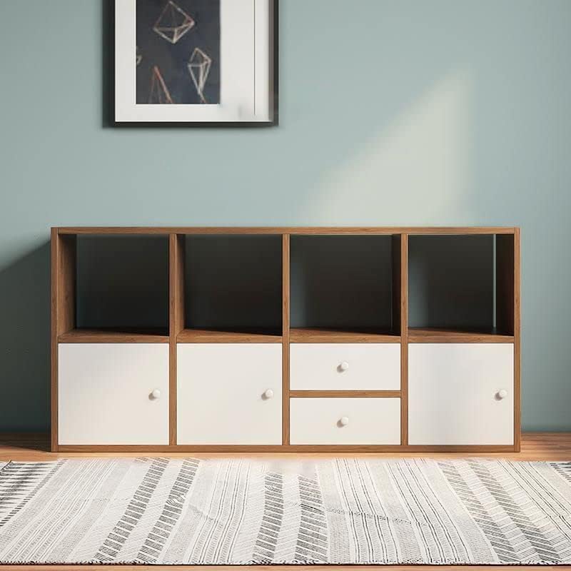 CraftThink Cube Storage Organizer, 8-Cube Storage Bookcase Wood Bookcase with 3 Doors and 2 Drawers Shelf Standing Display for Living Room Play Room Office (Brown 47.5