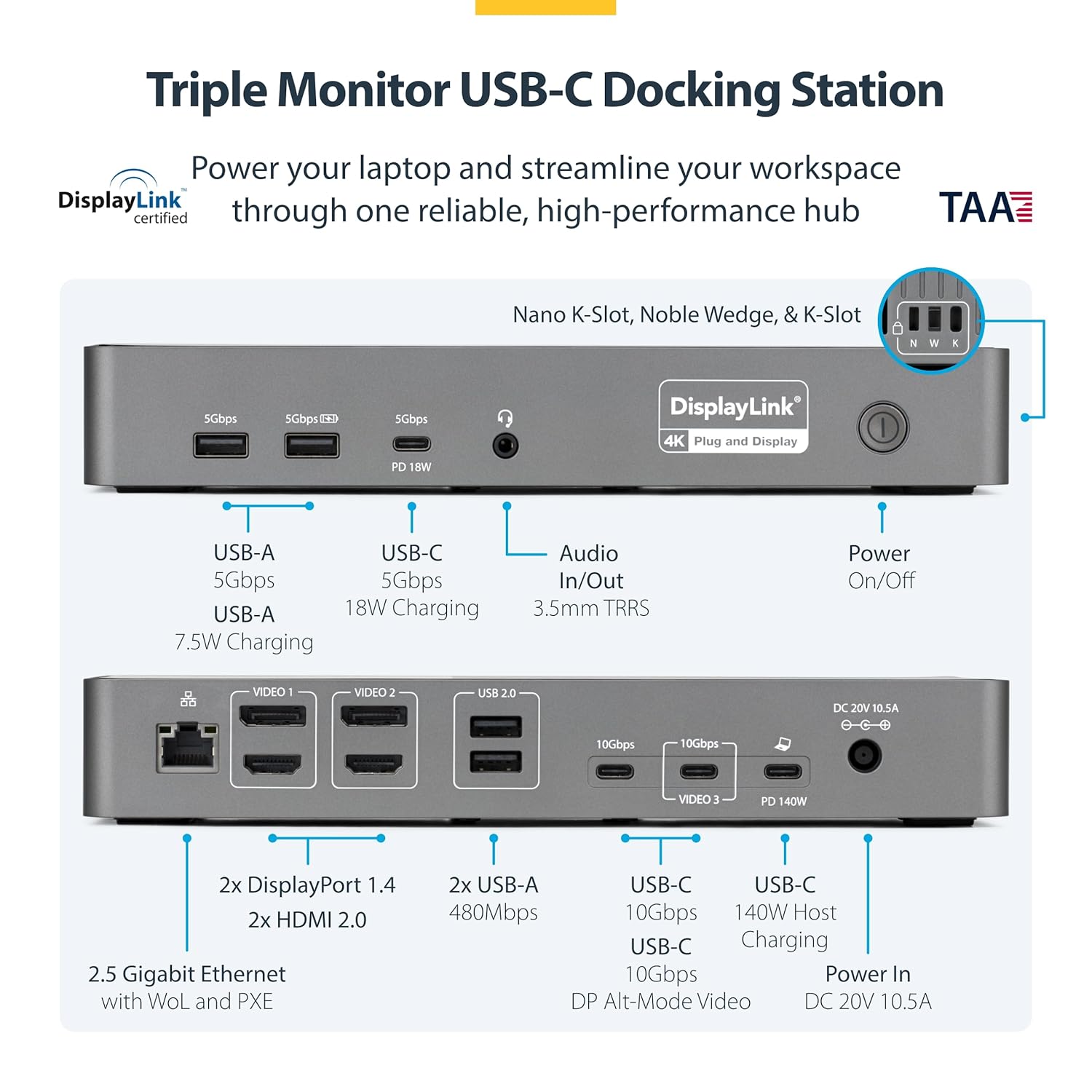 StarTech.com Triple Monitor USB-C Docking Station, 4K 60Hz DisplayLink Dock for MacBook M1 M2 M3 M4 & Windows, 2.5GbE, 2X HDMI & 2X DP, 140W Laptop Charging, USB-C DP Alt Mode - TAA