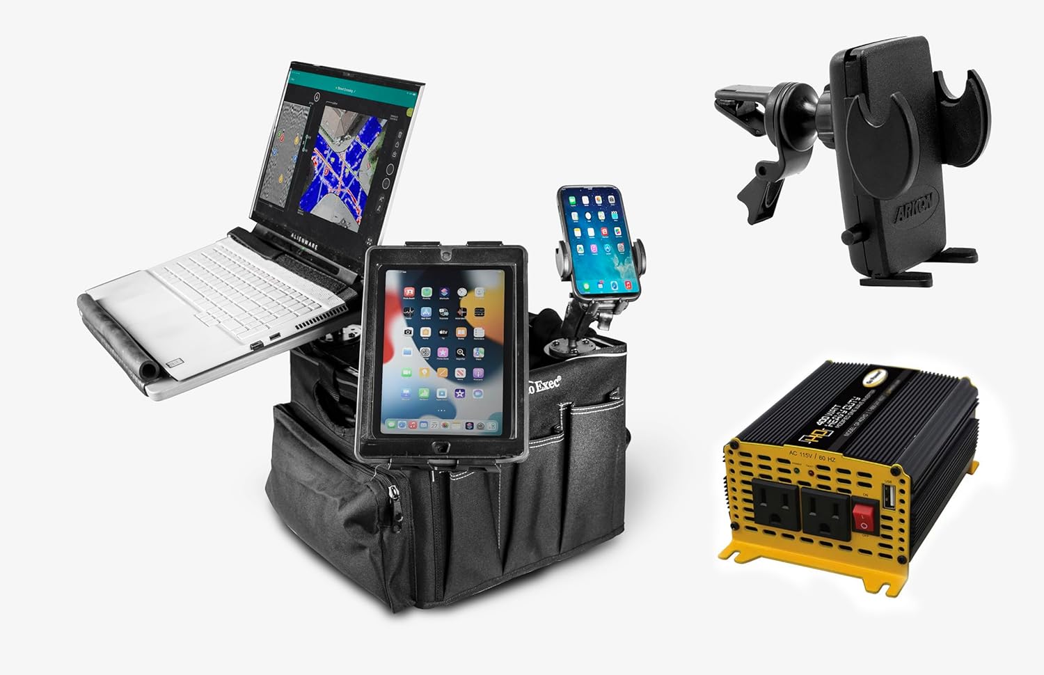 AutoExec Milkcrate Vehicle and Mobile Office Work Station with Apron Organizer, Phone Mount, Tablet Mount, Laptop Tray and Phone Vent Clip